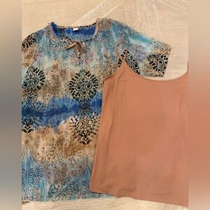 Boho Blue Paisley Print Short-Sleeve Sheer Top with Tan Cami